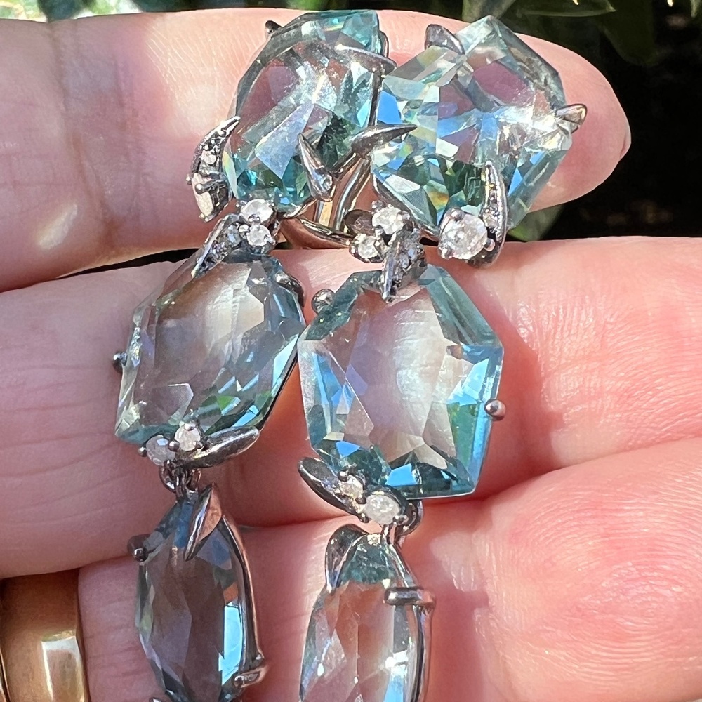 ALEXIS BITTAR FINE BLUE QUARTZ GRAY DIAMONDS LONG DROP DANGLE EARRINGS STATEMENT - Picture 11 of 16
